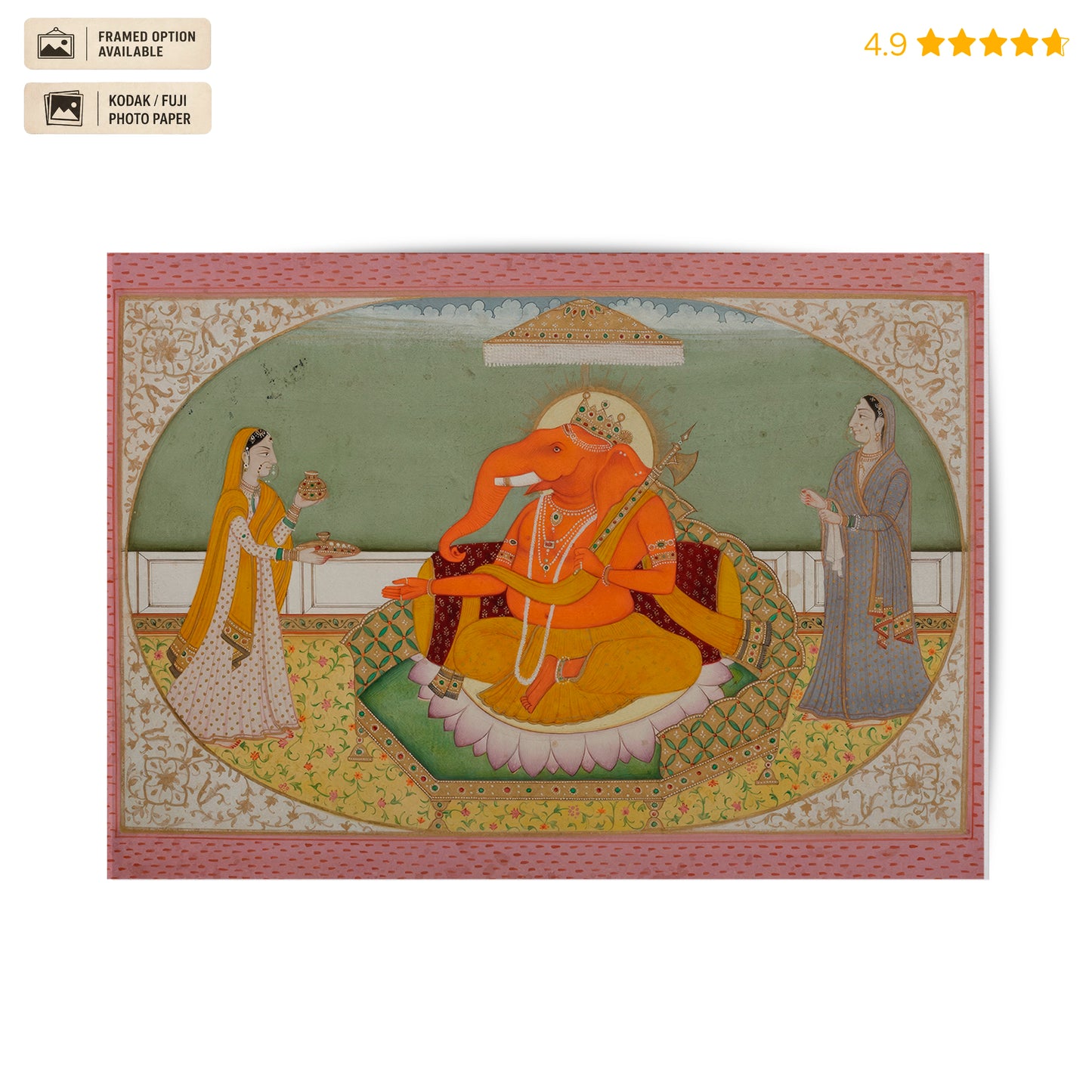 Ganesha with Riddhi and Siddhi Pahari Miniature Vintage Poster & Framed Print