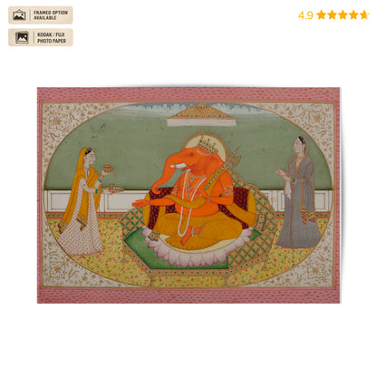 Ganesha with Riddhi and Siddhi Pahari Miniature Vintage Poster & Framed Print
