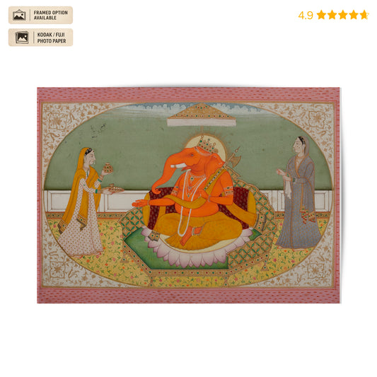 Ganesha with Riddhi and Siddhi Pahari Miniature Vintage Poster & Framed Print