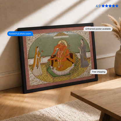Ganesha with Riddhi and Siddhi Pahari Miniature Vintage Poster & Framed Print
