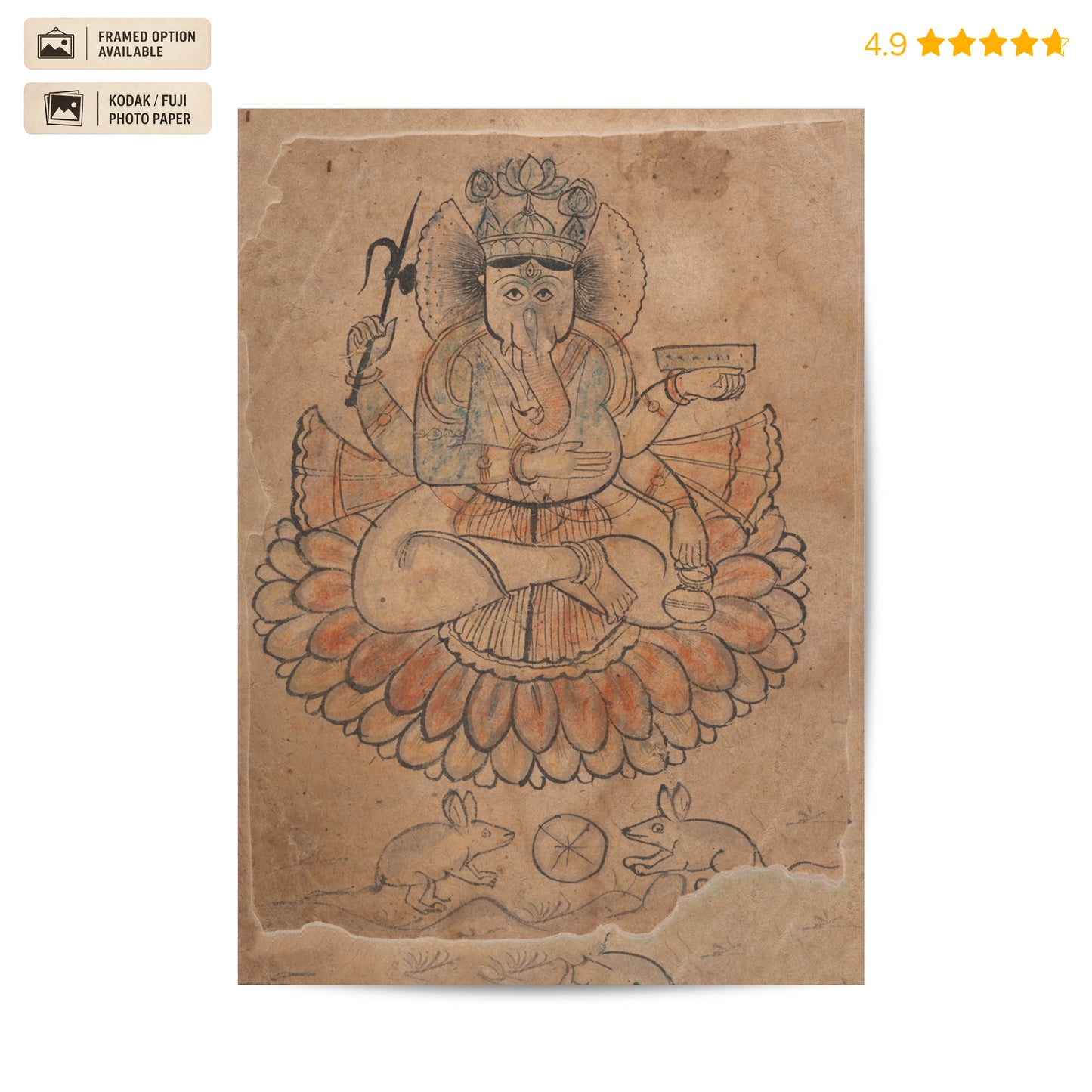 Ganesh Seated Four-Armed 18th Century Vintage Poster & Framed Print
