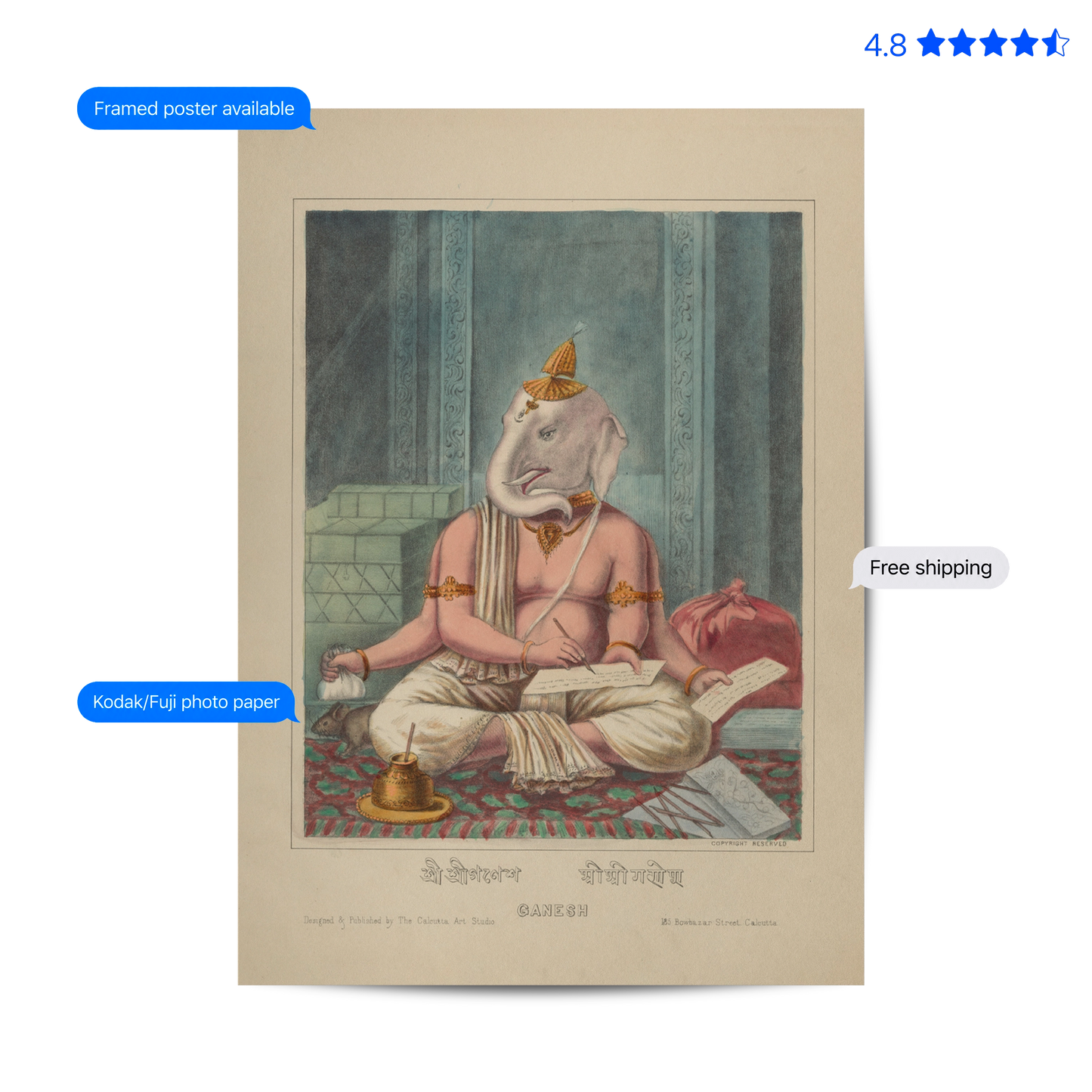 A vintage-style illustrated poster showing a seated elephant-headed figure in traditional clothing, with a beige border and decorative text at the bottom. The image includes promotional callouts such as 'Framed poster available,' 'Kodak/Fuj photo paper,' and 'Free shipping,' plus a star rating in the top right.