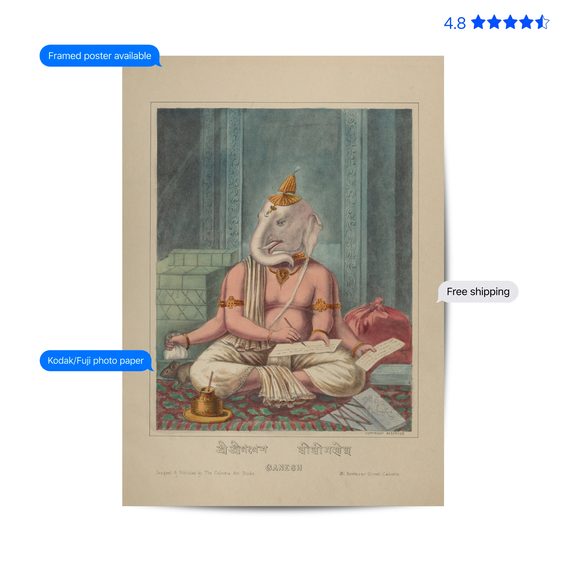 A vintage-style illustrated poster showing a seated elephant-headed figure in traditional clothing, with a beige border and decorative text at the bottom. The image includes promotional callouts such as 'Framed poster available,' 'Kodak/Fuj photo paper,' and 'Free shipping,' plus a star rating in the top right.