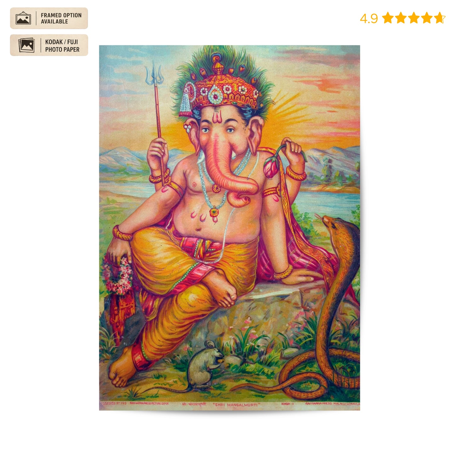 Shri Ganpati with Trishul Vintage Poster & Framed Print