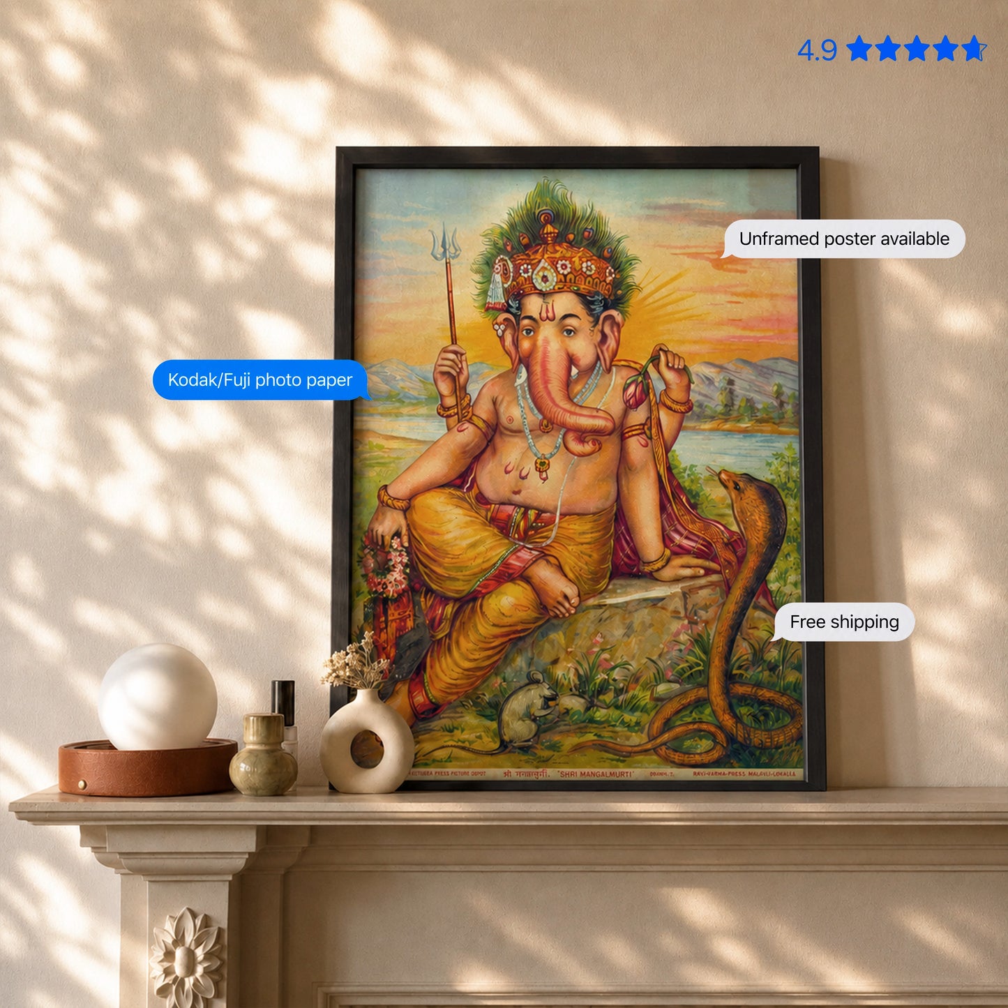 Shri Ganpati with Trishul Vintage Poster & Framed Print