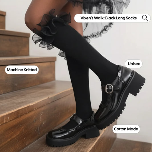 Person wearing black knee-high socks and shoes on wooden stairs, with product details overlayed.
