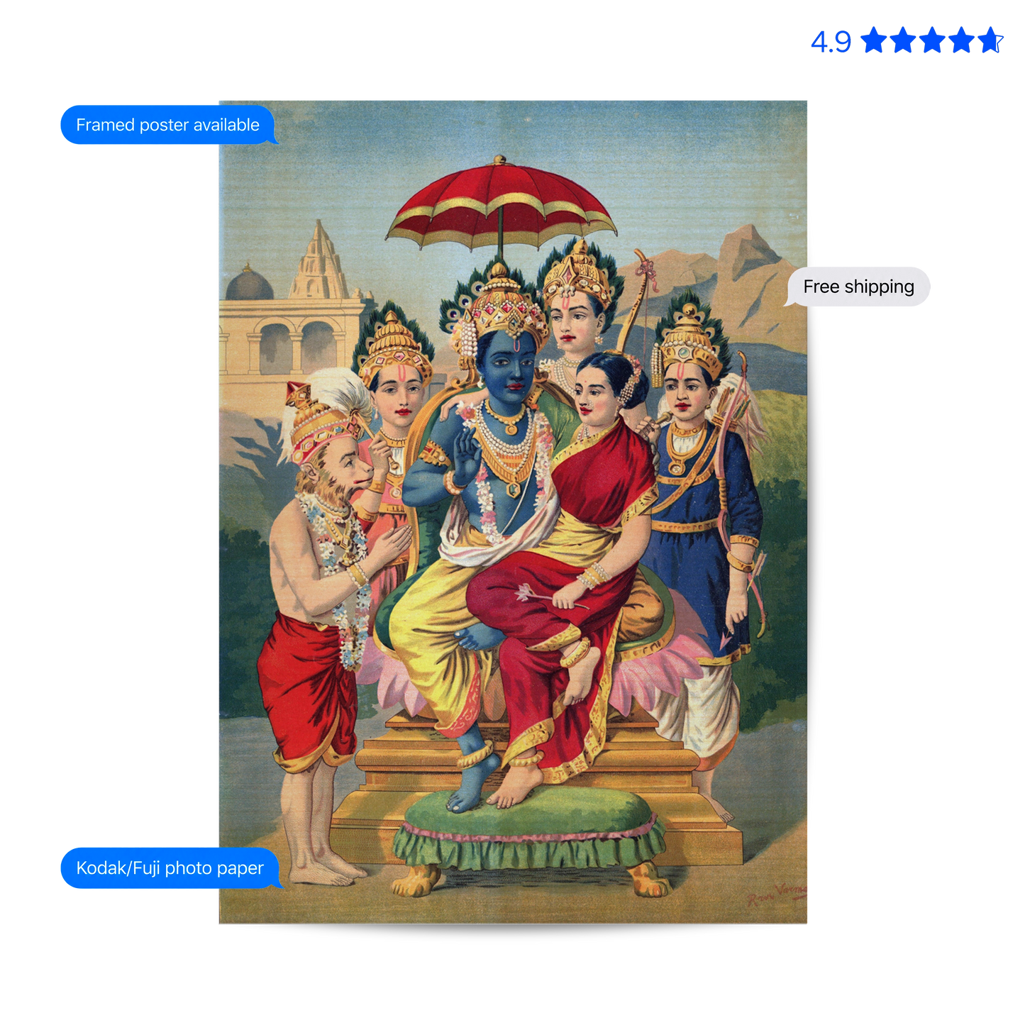 A framed art print featuring a traditional Indian classical painting of Radha Krishna, with a blue-skinned Krishna seated under a red and gold parasol, surrounded by devotees. The print is displayed with promotional text overlays indicating framed poster availability, Kodak/Fuji photo paper compatibility, and free shipping.