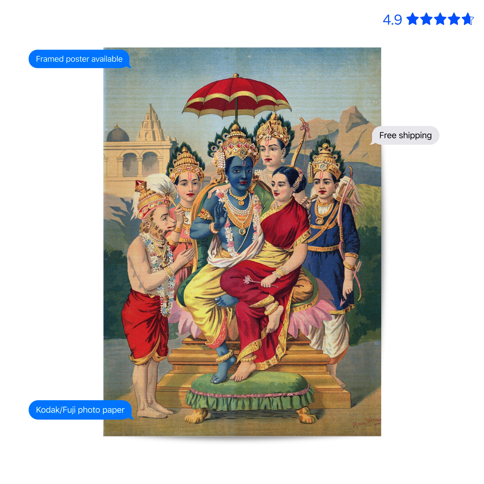 A framed art print featuring a traditional Indian classical painting of Radha Krishna, with a blue-skinned Krishna seated under a red and gold parasol, surrounded by devotees. The print is displayed with promotional text overlays indicating framed poster availability, Kodak/Fuji photo paper compatibility, and free shipping.
