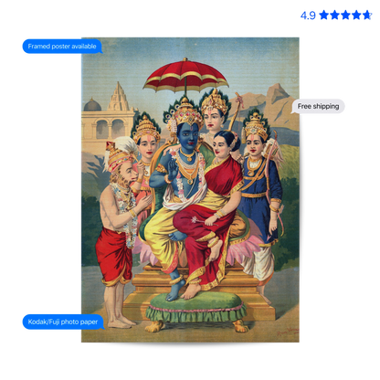 A framed art print featuring a traditional Indian classical painting of Radha Krishna, with a blue-skinned Krishna seated under a red and gold parasol, surrounded by devotees. The print is displayed with promotional text overlays indicating framed poster availability, Kodak/Fuji photo paper compatibility, and free shipping.