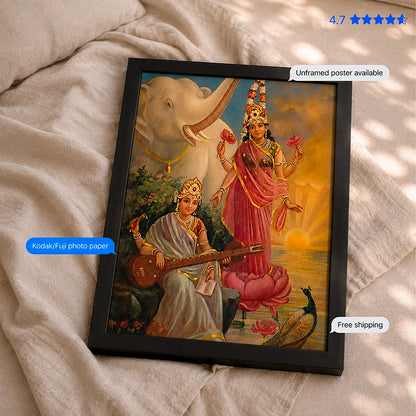 Goddess Sarawasti & Lakshmi Vintage Poster & Framed Print