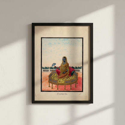 A framed art print featuring a stylized illustration of a woman seated on an ornate platform, hung on a light wall with soft window shadows. The print has a black frame, beige mat, and a colorful central artwork with blue, gold, pink, and green tones.