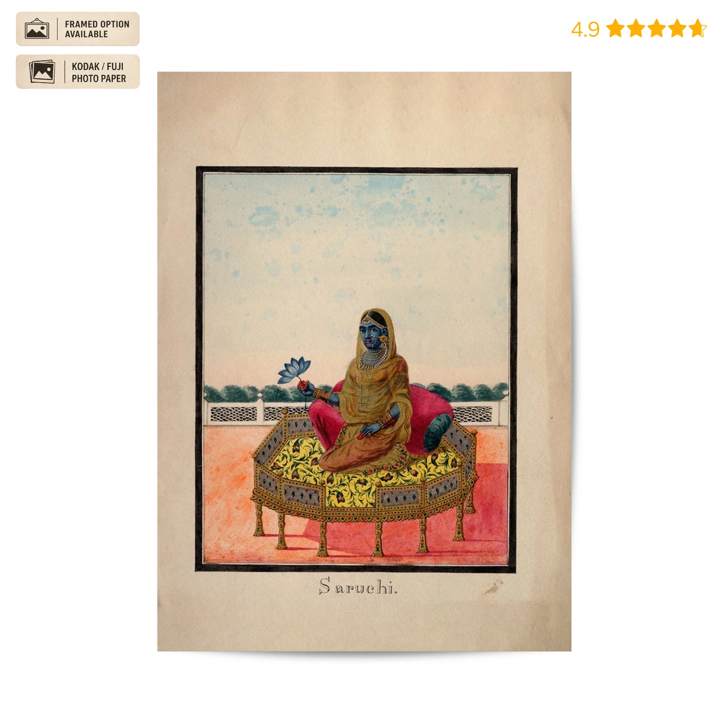 A framed art print featuring a traditional Indian painting of Lord Krishna with blue skin, seated on an ornate golden bed with a pink carpet. The print is displayed on a beige background with a star rating of 4.