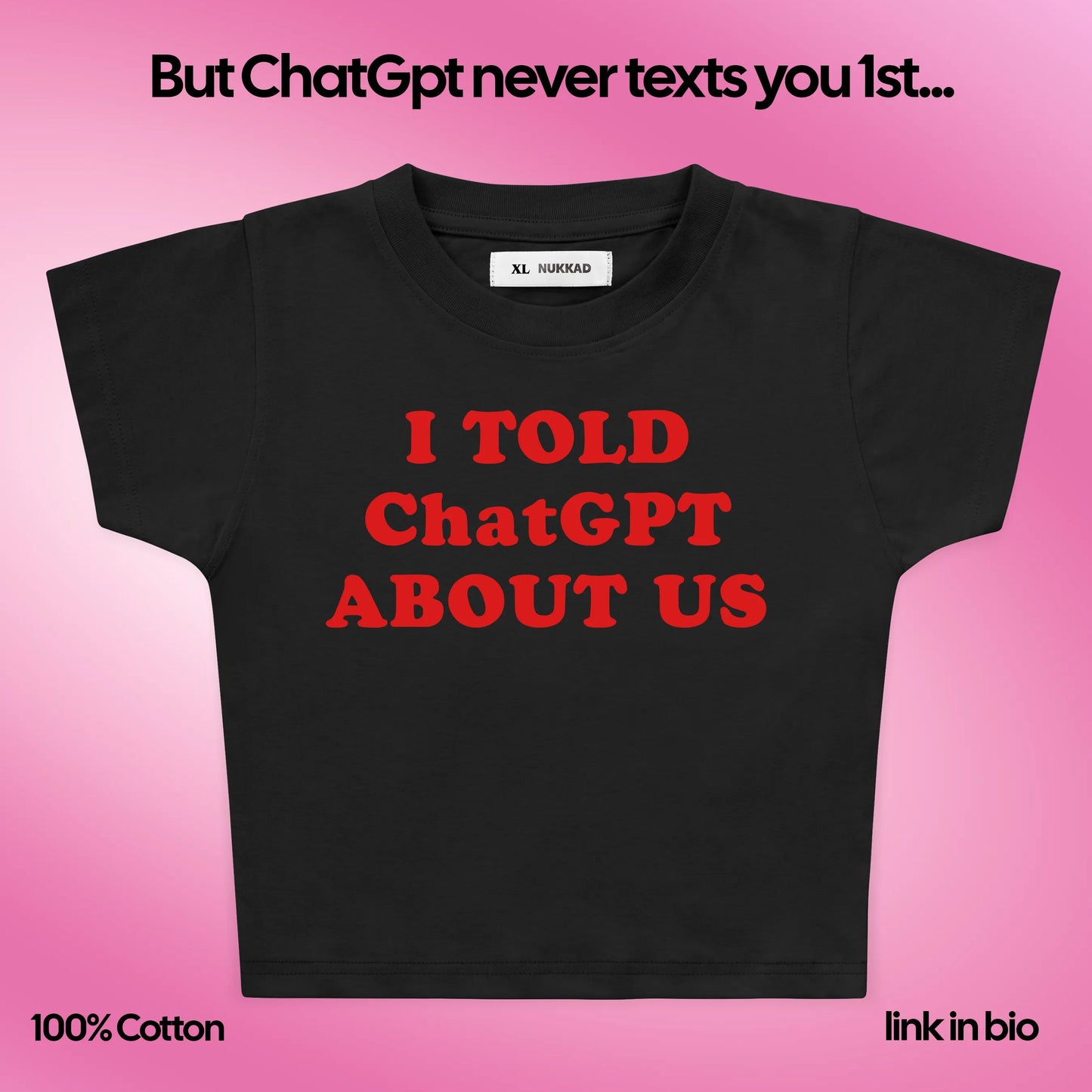 Black t-shirt with red text on a pink background