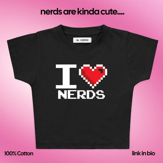 Black t-shirt with 'I ❤️ NERDS' text on a pink background